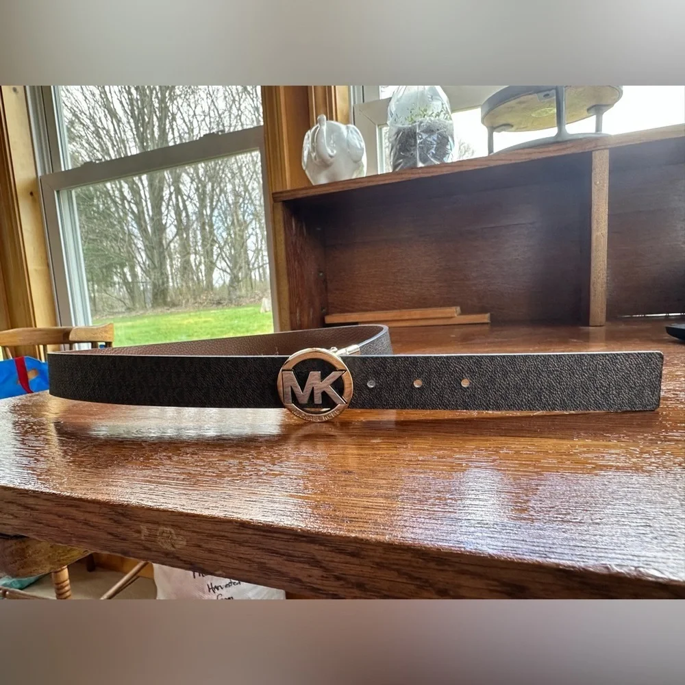Michael Kors Black Monogram Belt with Gold MK Buckle